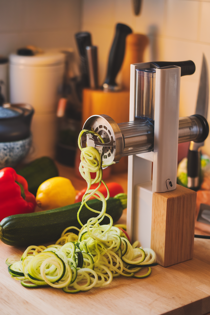 Indoor counter with zucchini noodles forming from a countertop spiralizer, colorful vegetables around, no text or logos.