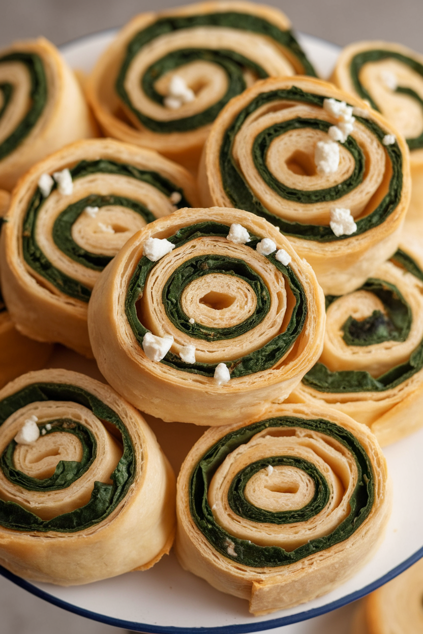 Photo of an indoor platter holding spiral puff-pastry pinwheels dotted with green spinach and white feta, light sheen on flaky layers; no text or logos.