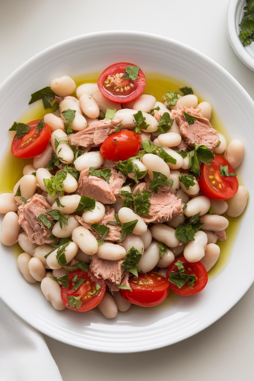 An indoor plate of white bean and tuna salad with cherry tomatoes and parsley, drizzled with olive oil. Photo, no text or logos.