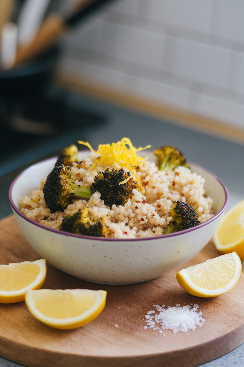 Indoor countertop displaying a bowl of fluffy quinoa mixed with roasted broccoli florets, lemon zest visible on top. No text or logos; photo.