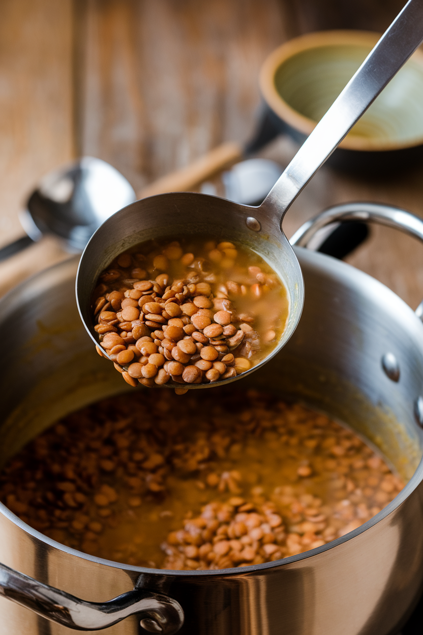 Indoor photo of a stainless ladle serving lentil soup from a stockpot, no logos.