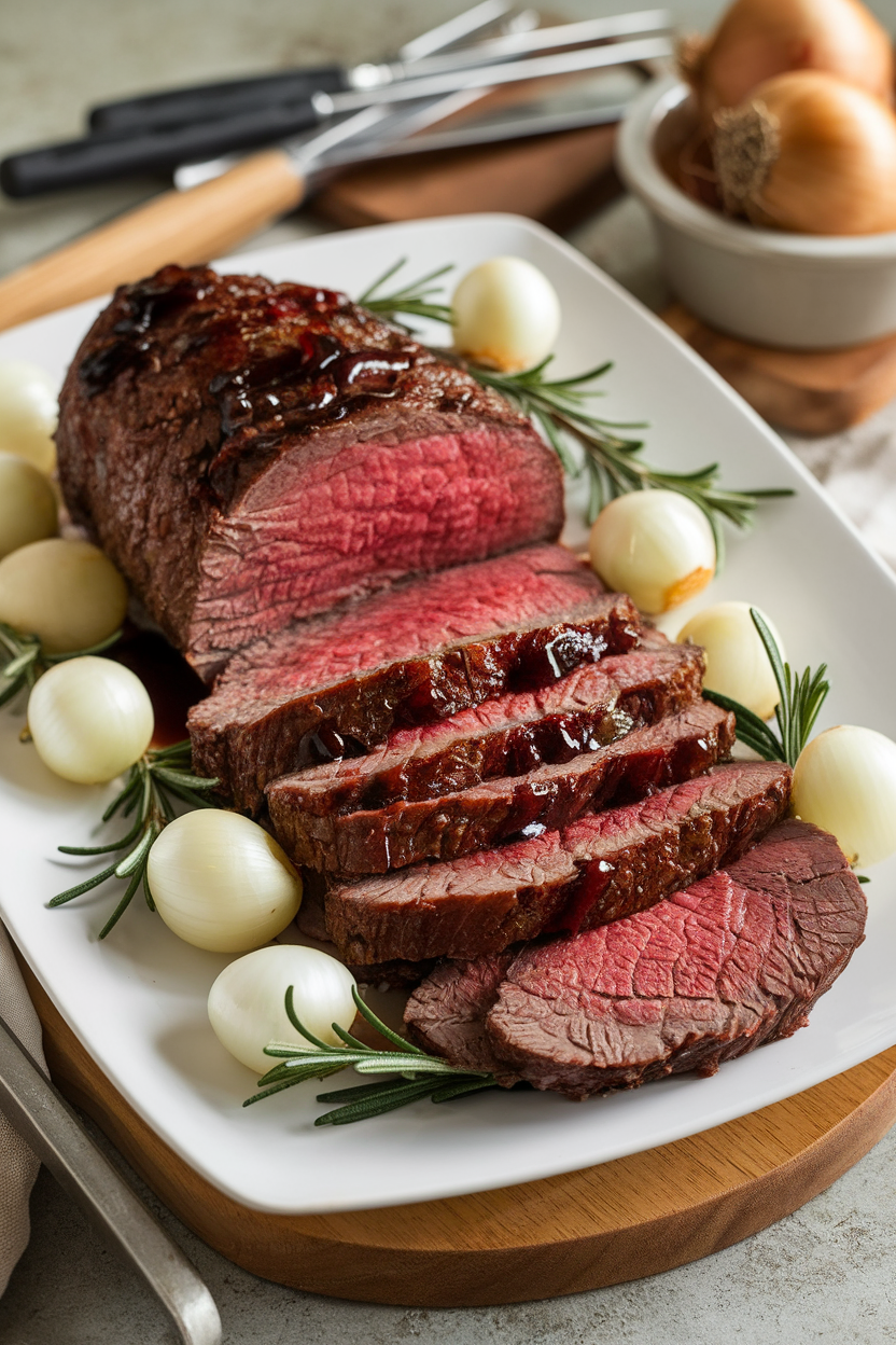 Indoor table view of sliced beef roast glazed with balsamic reduction, surrounded by pearl onions and rosemary sprigs. No text or logos visible.