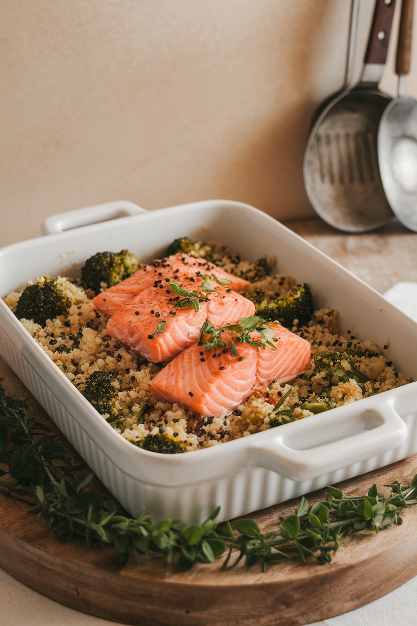 Photo of a white ceramic casserole featuring flaky salmon pieces, quinoa, broccoli florets, and a light miso-sesame glaze, indoor lighting. No text or branding.