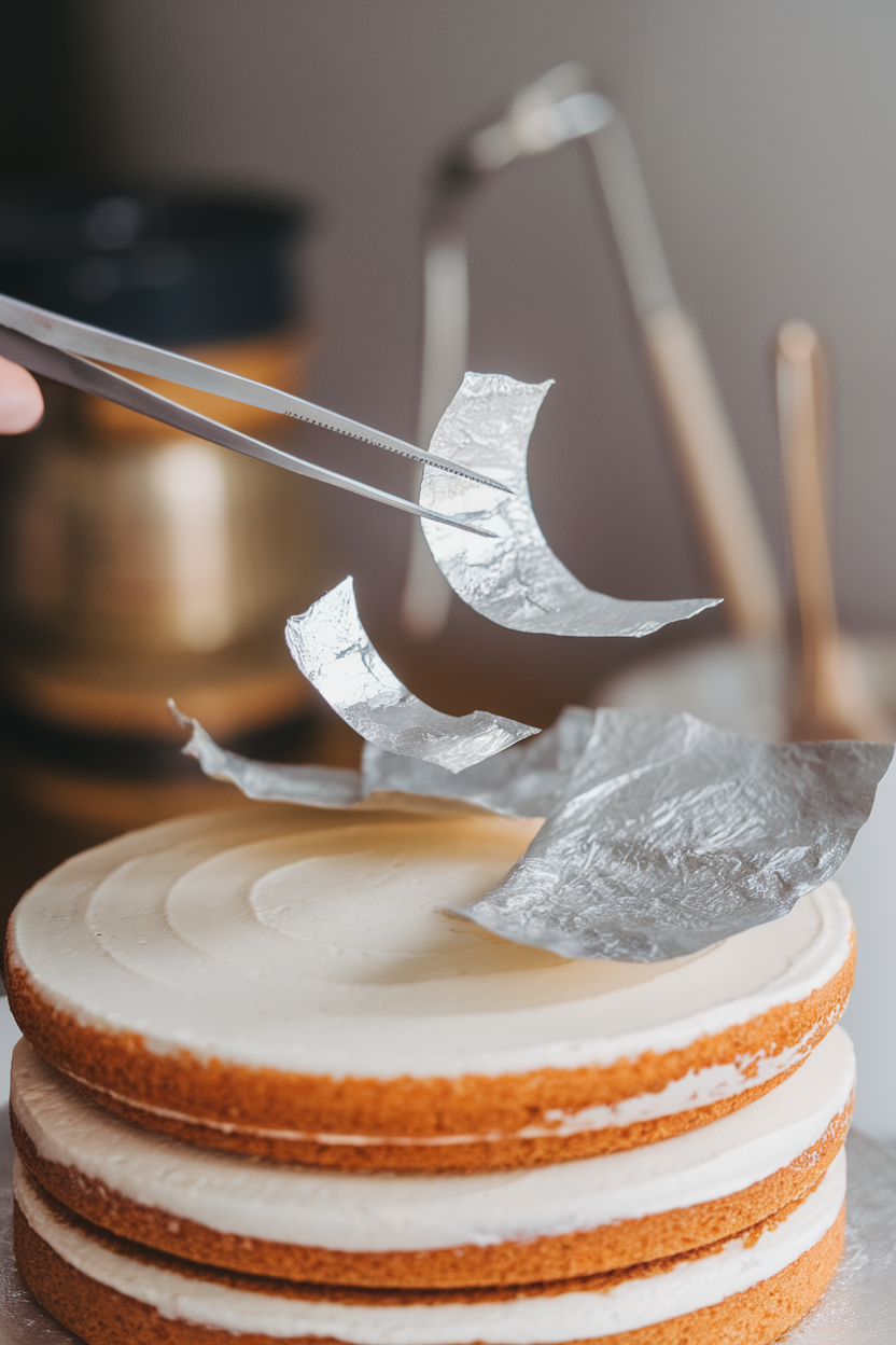 Close-up indoors of tweezers holding edible silver leaf sheets above a frosted cake, no text or logos