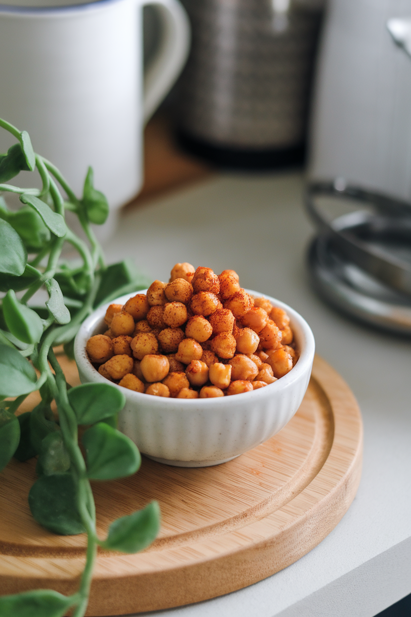 Photo of an indoor countertop featuring a small bowl of crunchy roasted chickpeas seasoned with smoked paprika, no branding or text present.