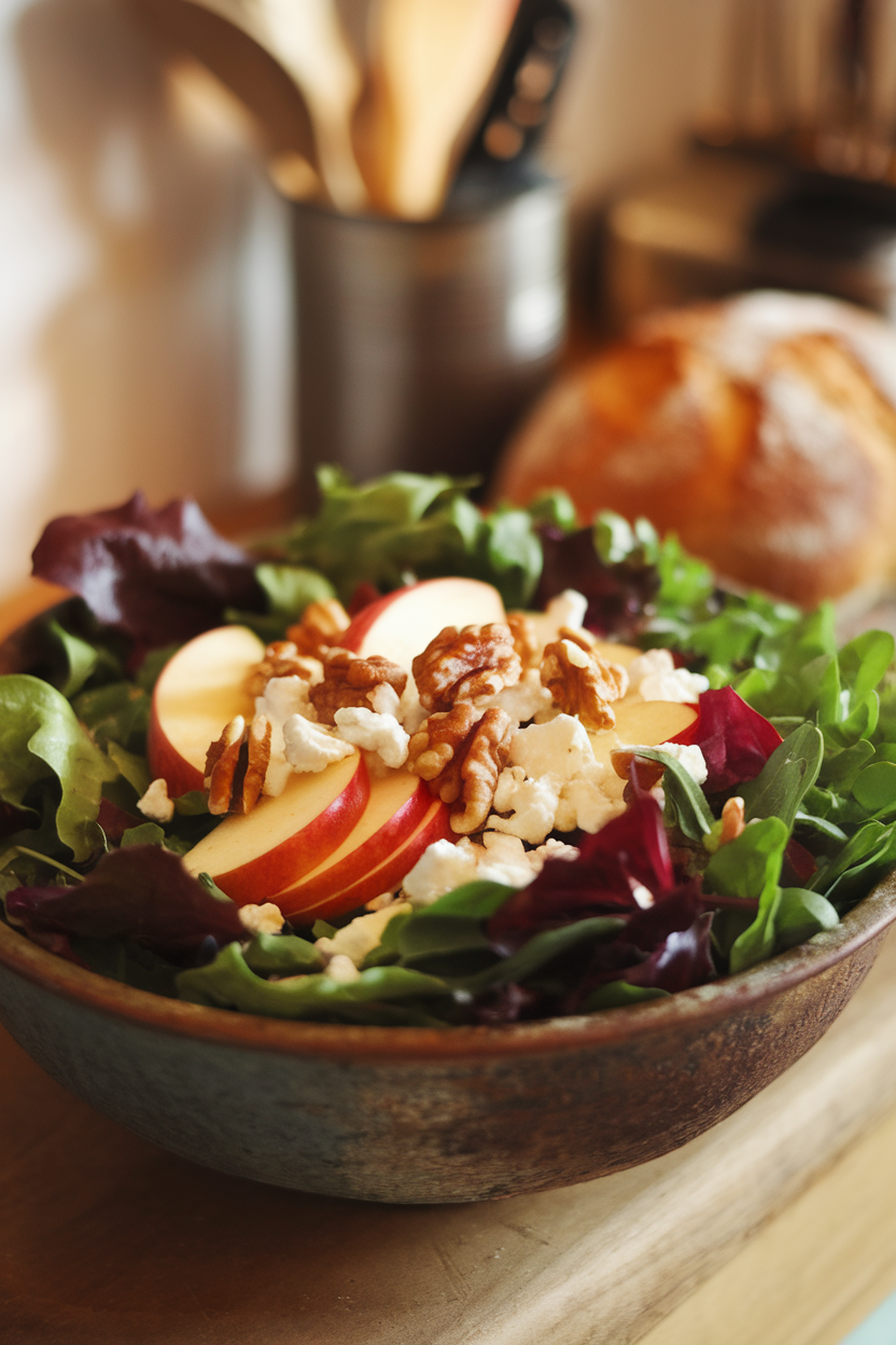 Indoor photo of mixed greens topped with sliced apples, walnuts, and crumbled feta in a rustic bowl, no text or logos
