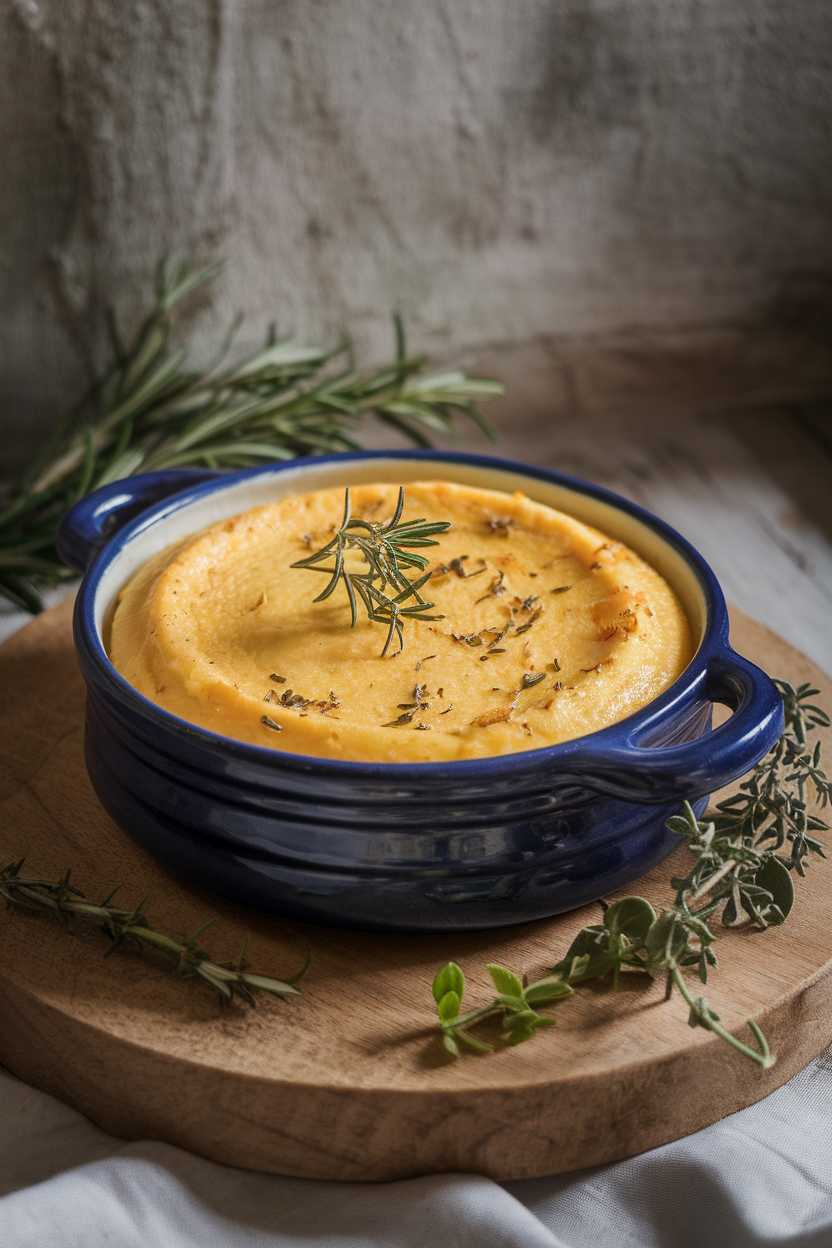 Indoor image of creamy corn pudding in a ceramic dish with golden top, no text or logos.