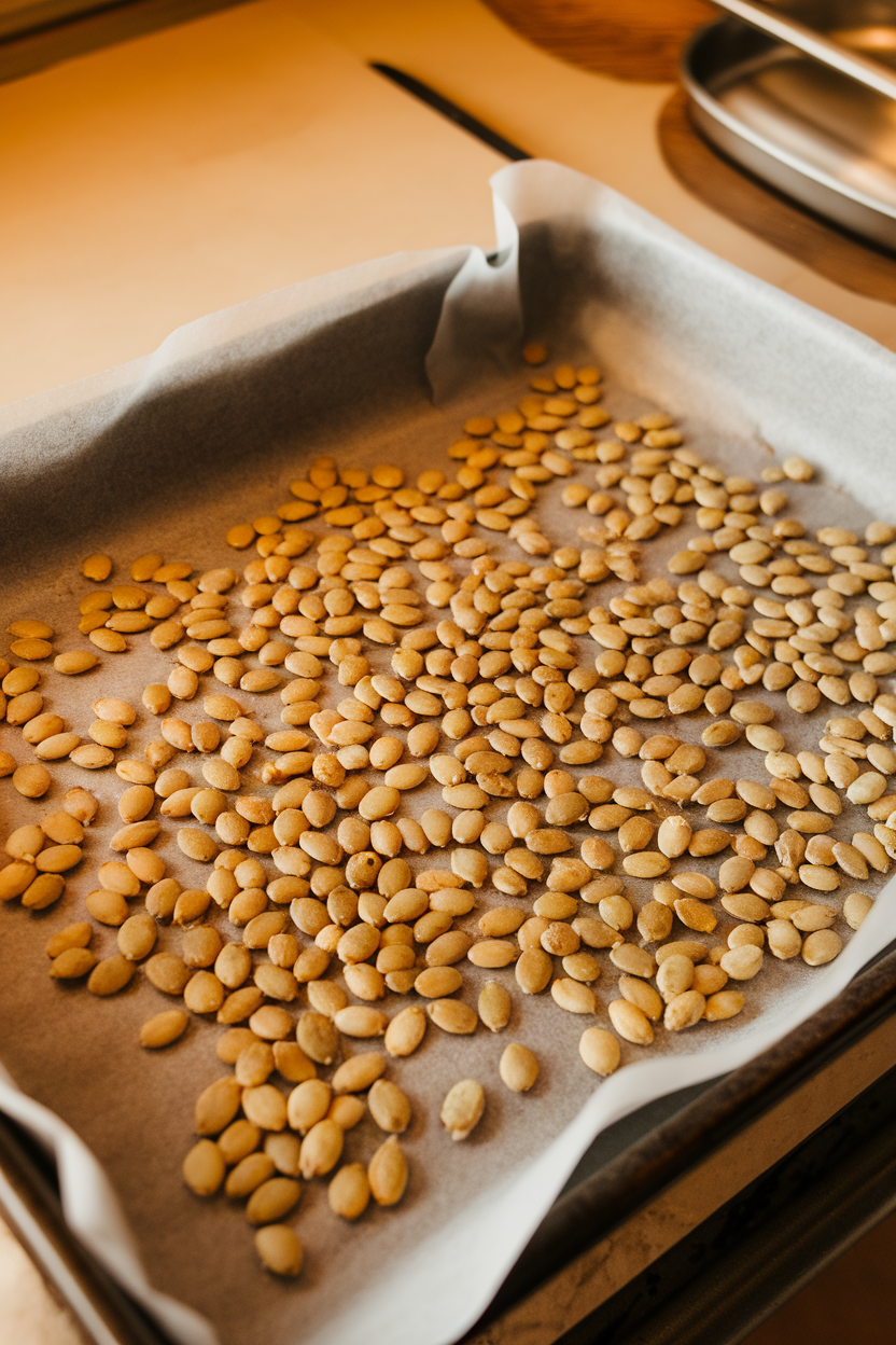 An indoor baking sheet lined with parchment holding raw pumpkin seeds ready for toasting, no text or logos.