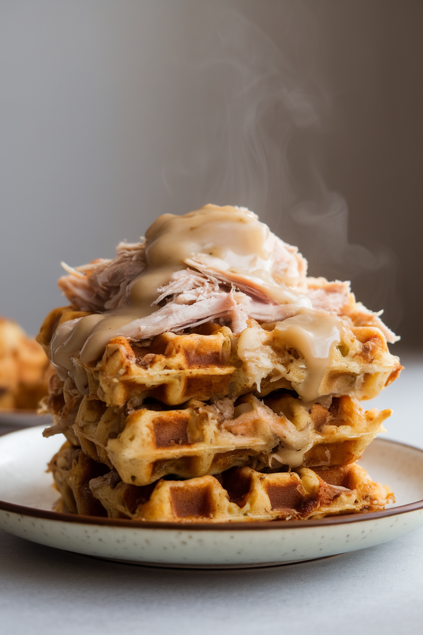 Indoor plate stacking savory waffles made from leftover stuffing, topped with shredded turkey and a light gravy drizzle, steam rising. No text or logos present.