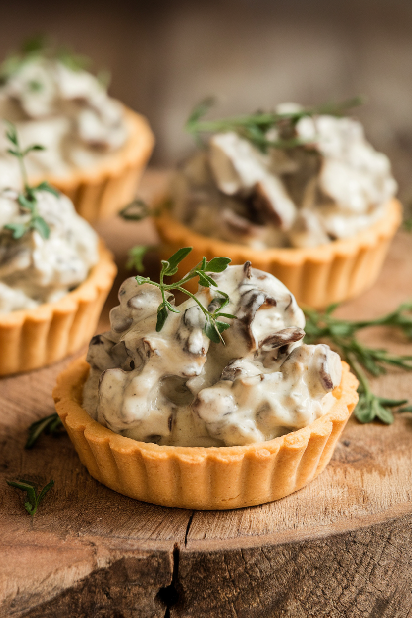 Indoor close-up of buttery tart shells filled with creamy wild mushroom mixture, herbs sprinkled on top; no logos or text