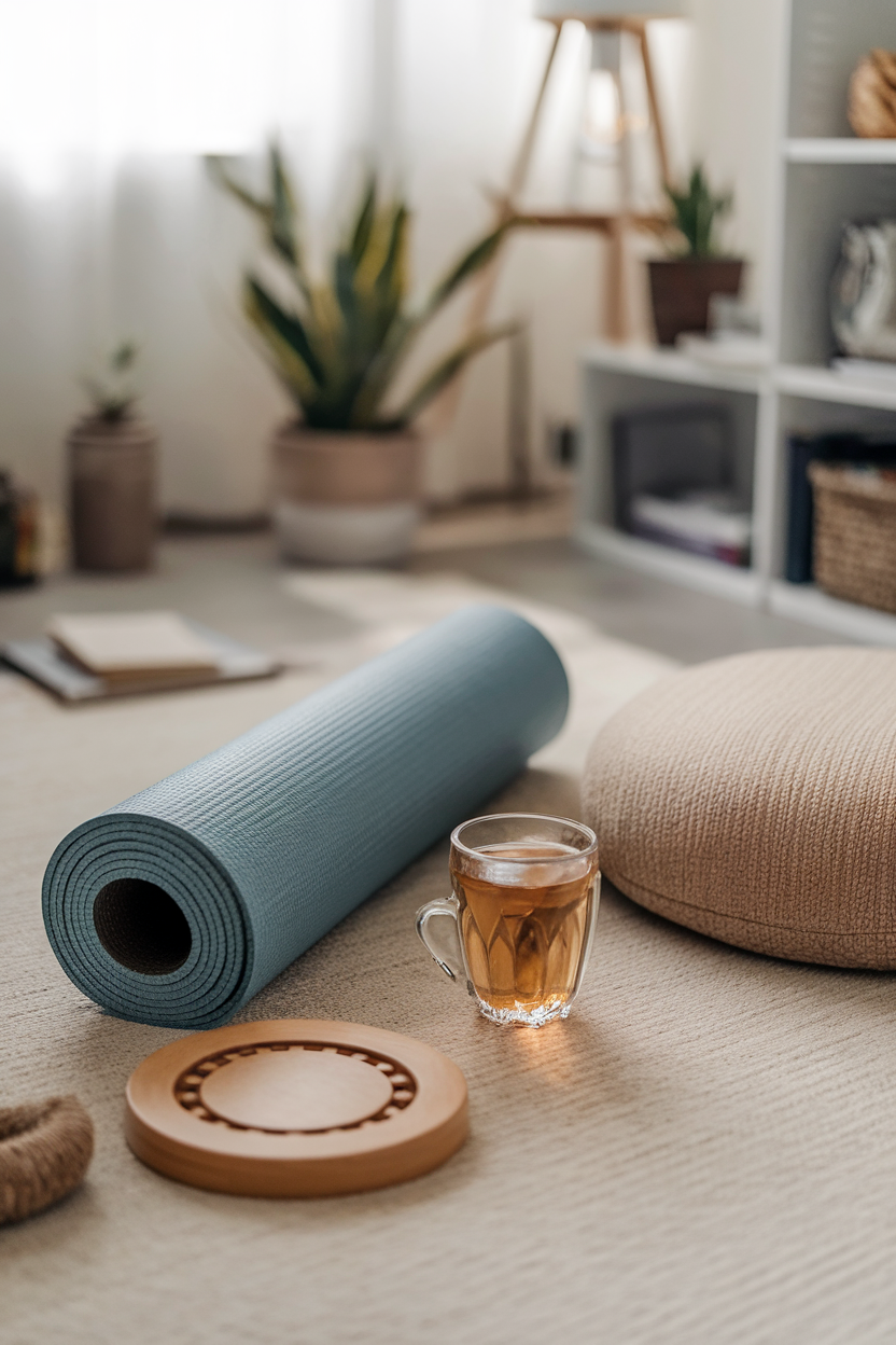 Photo prompt: An indoor yoga mat rolled out beside a cup of herbal tea on a living-room floor, calm atmosphere, no branding.
