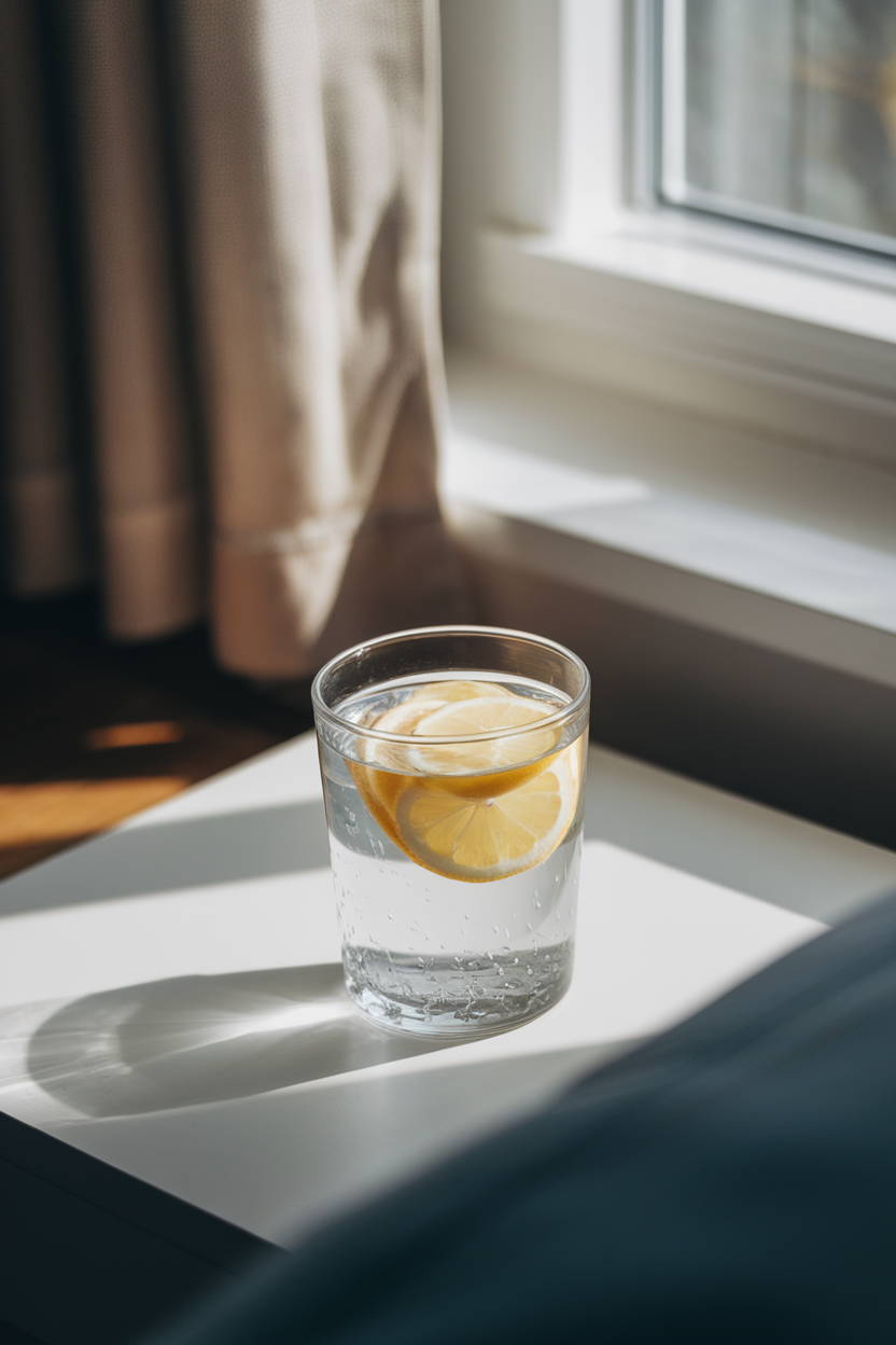 A clear glass of water with lemon slices on a bedside table in soft morning light, indoors. No text or logos. Photo, not illustration.