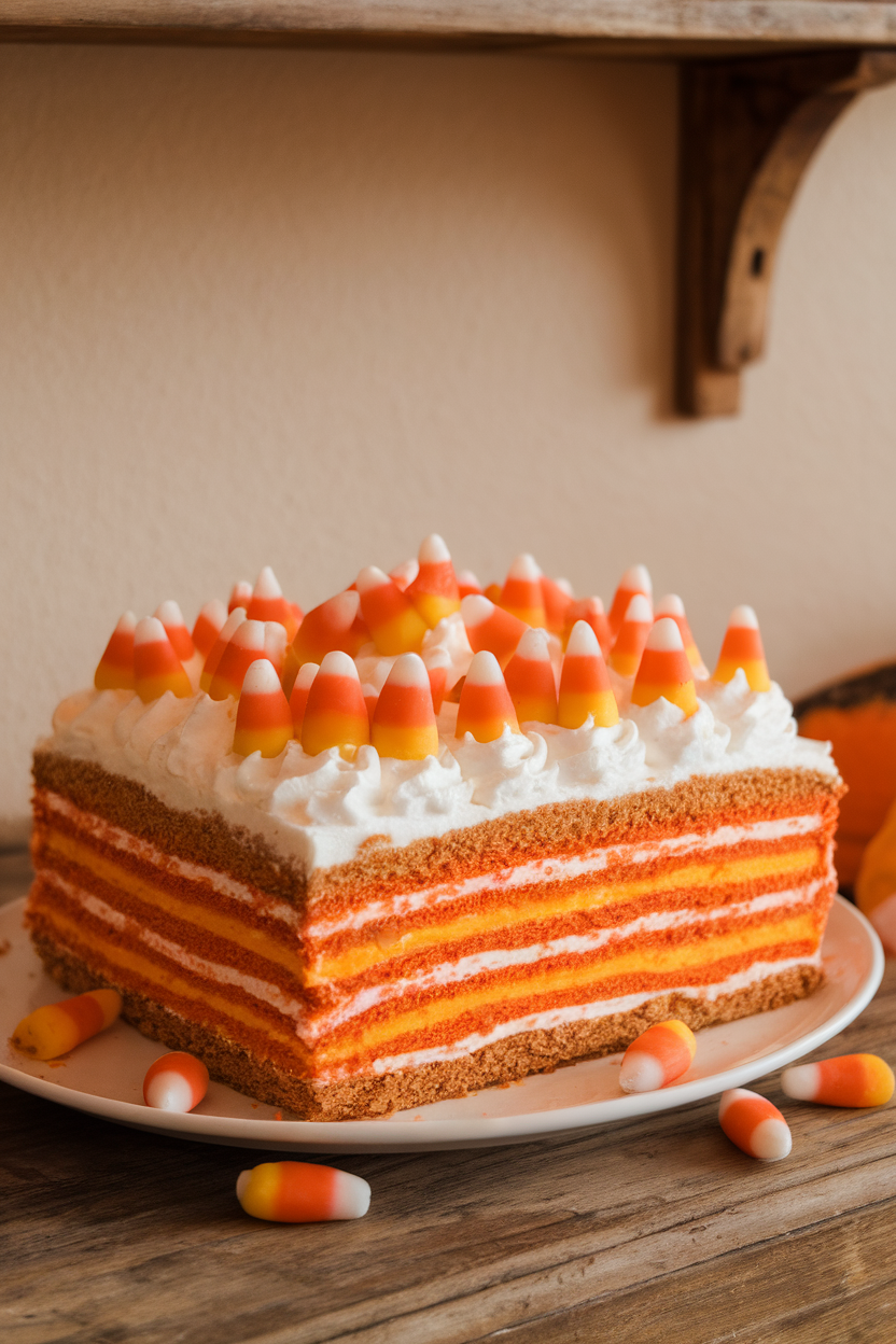 Sheet cake with candy-corn colored stripes inside, topped with whipped cream and candy corn, indoor image, no text or logos.