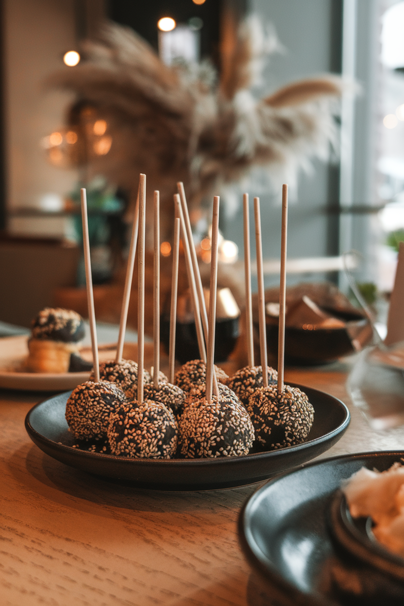 Photo, not illustration. Indoor Asian-fusion restaurant table. Charcoal-colored cake pops rolled in toasted black and white sesame seeds, topped with a thin gold streak. No text or logos.