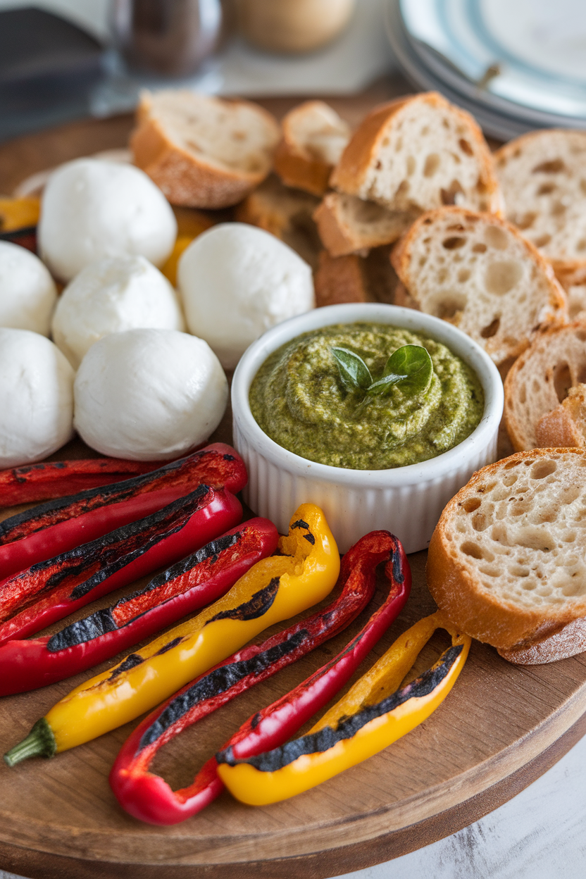 Indoor shot of charred red and yellow pepper strips, fresh mozzarella balls, basil pesto dip, and crusty bread pieces on a wooden board; no text or logos