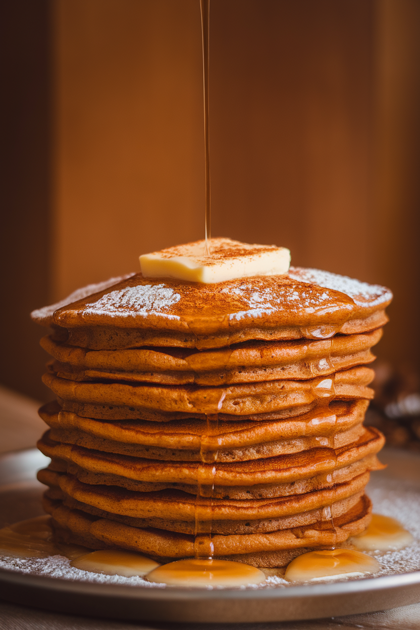 Indoor photo of a tall stack of gingerbread-colored pancakes topped with a pat of butter slowly melting and a light dusting of powdered sugar and cinnamon; warm, soft lighting; no text or logos.