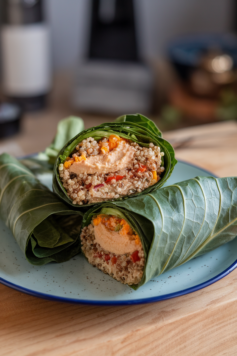Indoor plate with large collard leaves wrapped around quinoa, hummus, and shredded veggies, cut in half; no text or logos, photo style.