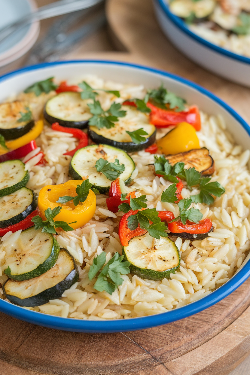 A shallow indoor serving dish of lemony orzo sprinkled with roasted zucchini, bell peppers, and parsley. No text or logos present.