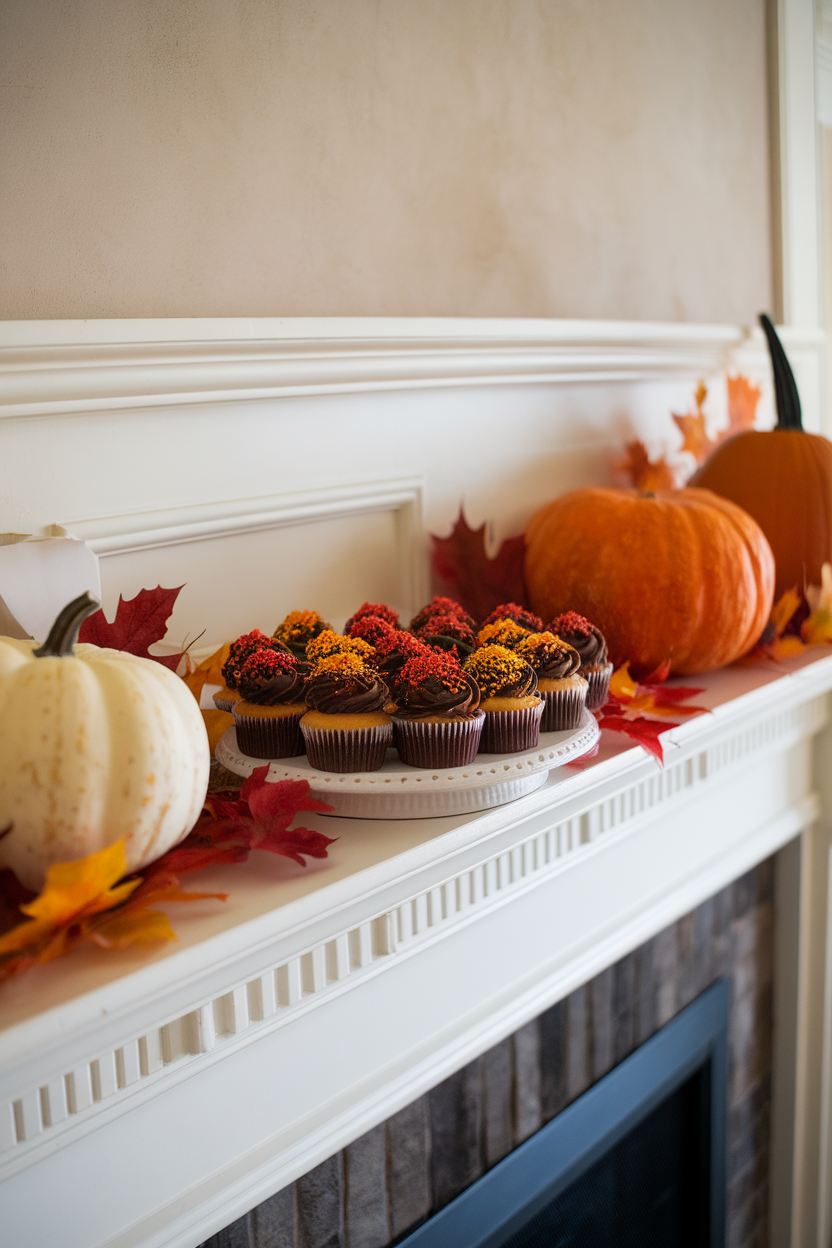 Photo of indoor fireplace mantel dessert area with cupcakes frosted in dark chocolate and sprinkled with red, orange, and gold sugar crystals, no text or logos.