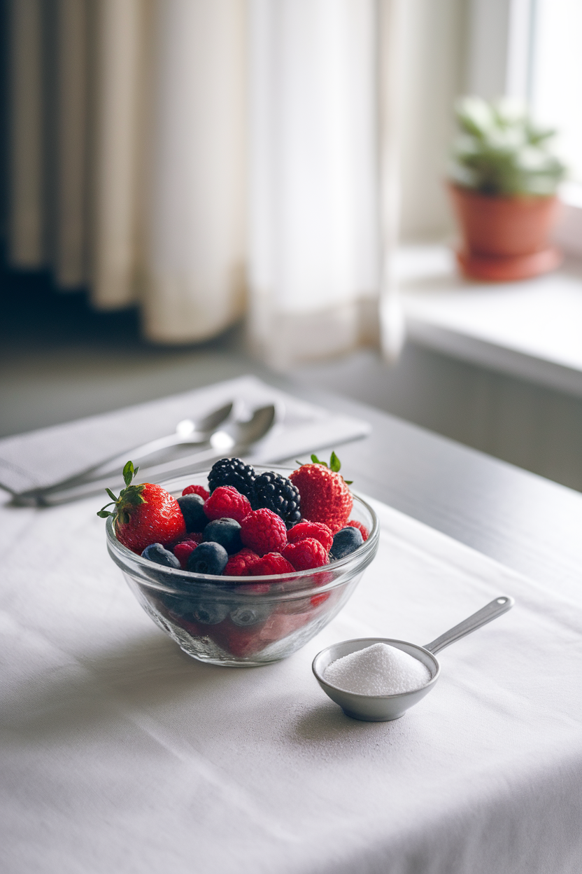Photo prompt: An indoor kitchen table with a teaspoon of white sugar next to a bowl of fresh berries, contrasting visuals, no text or logos.
