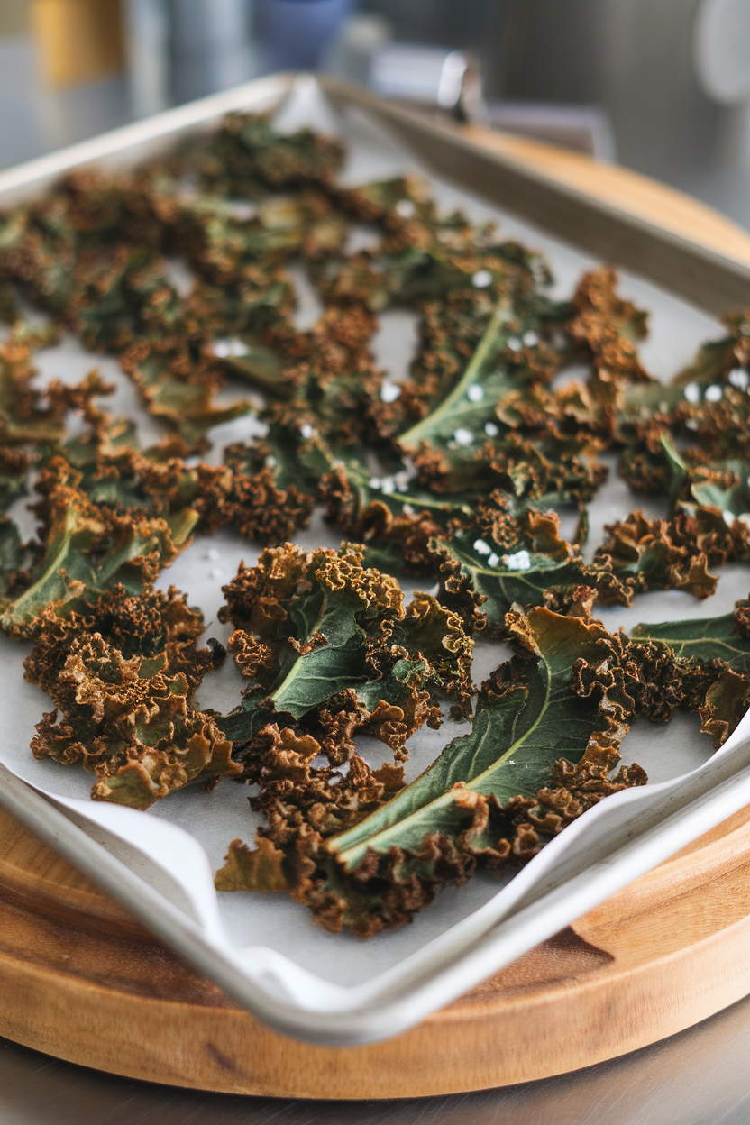 An indoor baking sheet lined with curly kale pieces toasted to a crisp, light sea salt visible. Photo, no text or logos.