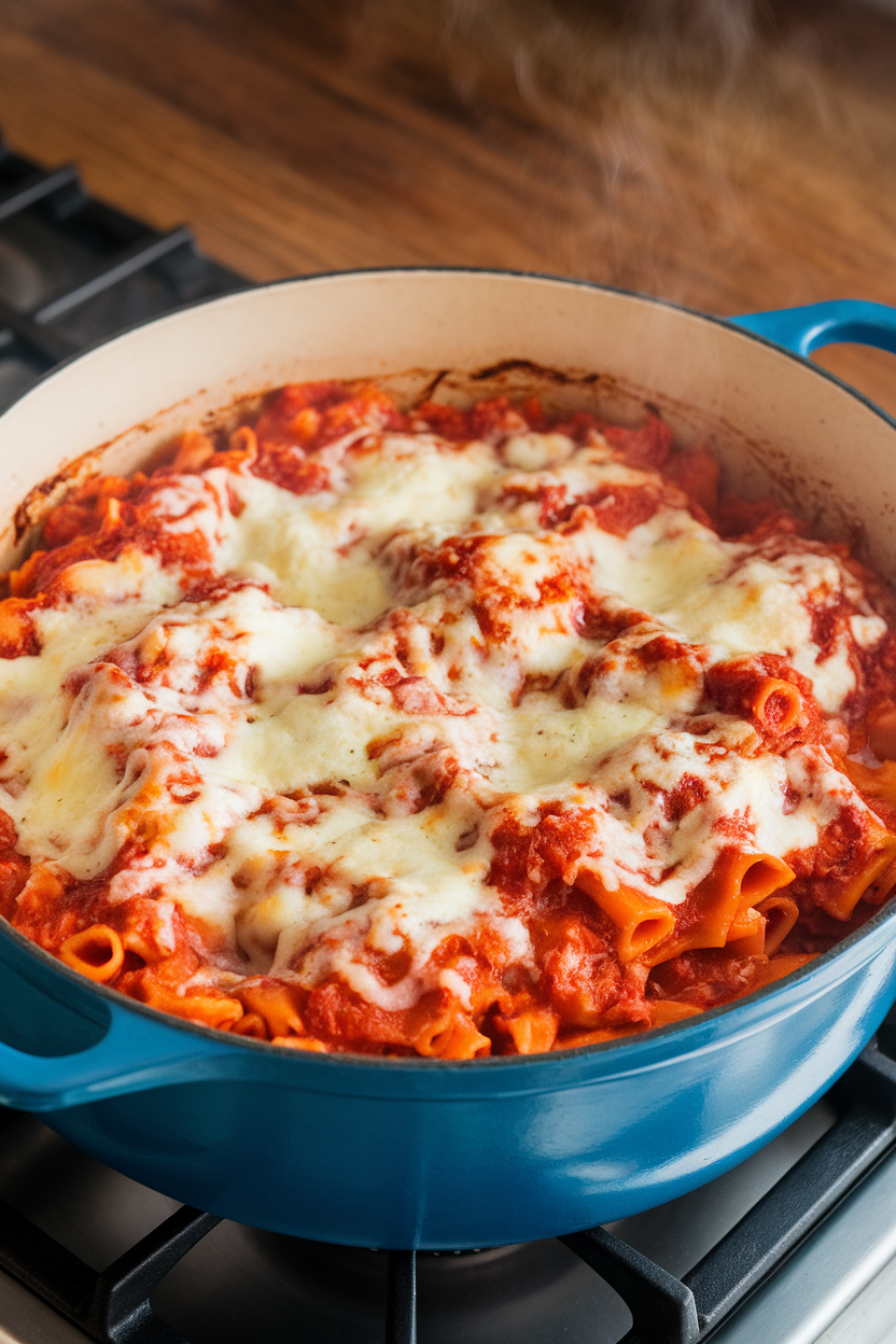 Indoor stovetop showing a Dutch oven filled with baked ziti, mozzarella melted on top, steam rising. No text or logos. Photo only.