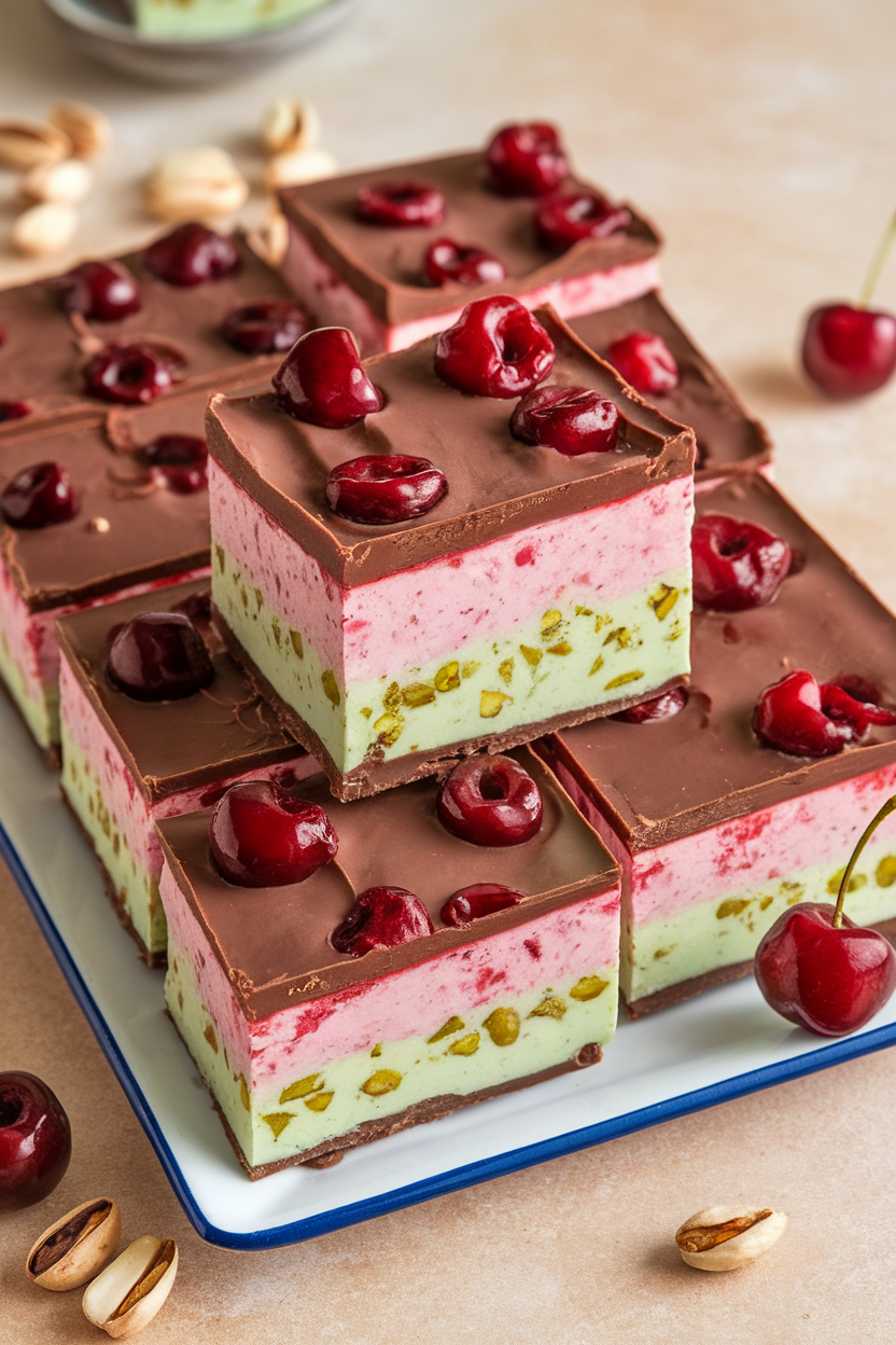 Layered spumoni ice cream bars sliced on an indoor platter, pistachio, cherry, and chocolate layers visible. No text or logos.</Prompt