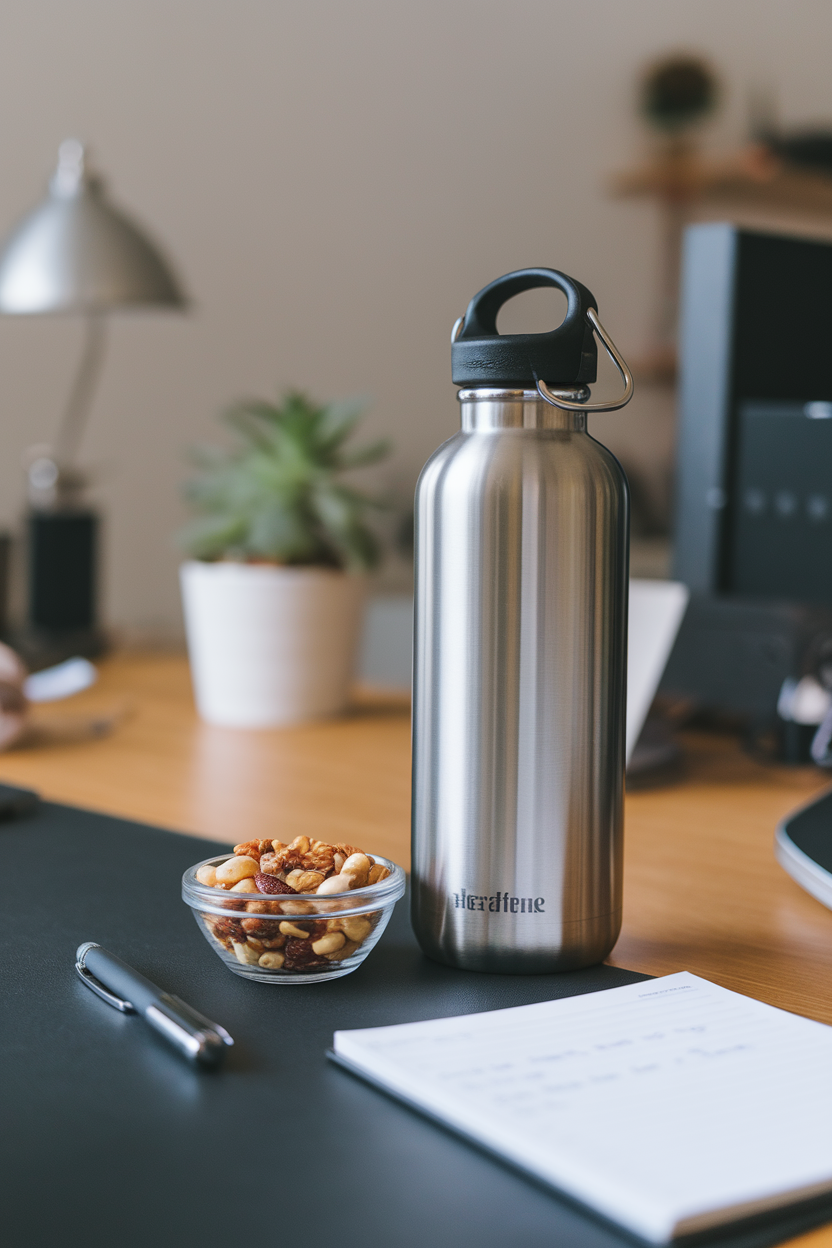 Photo of a stainless-steel water bottle on an indoor office desk next to a small bowl of mixed nuts. No text or logos on the bottle or items.