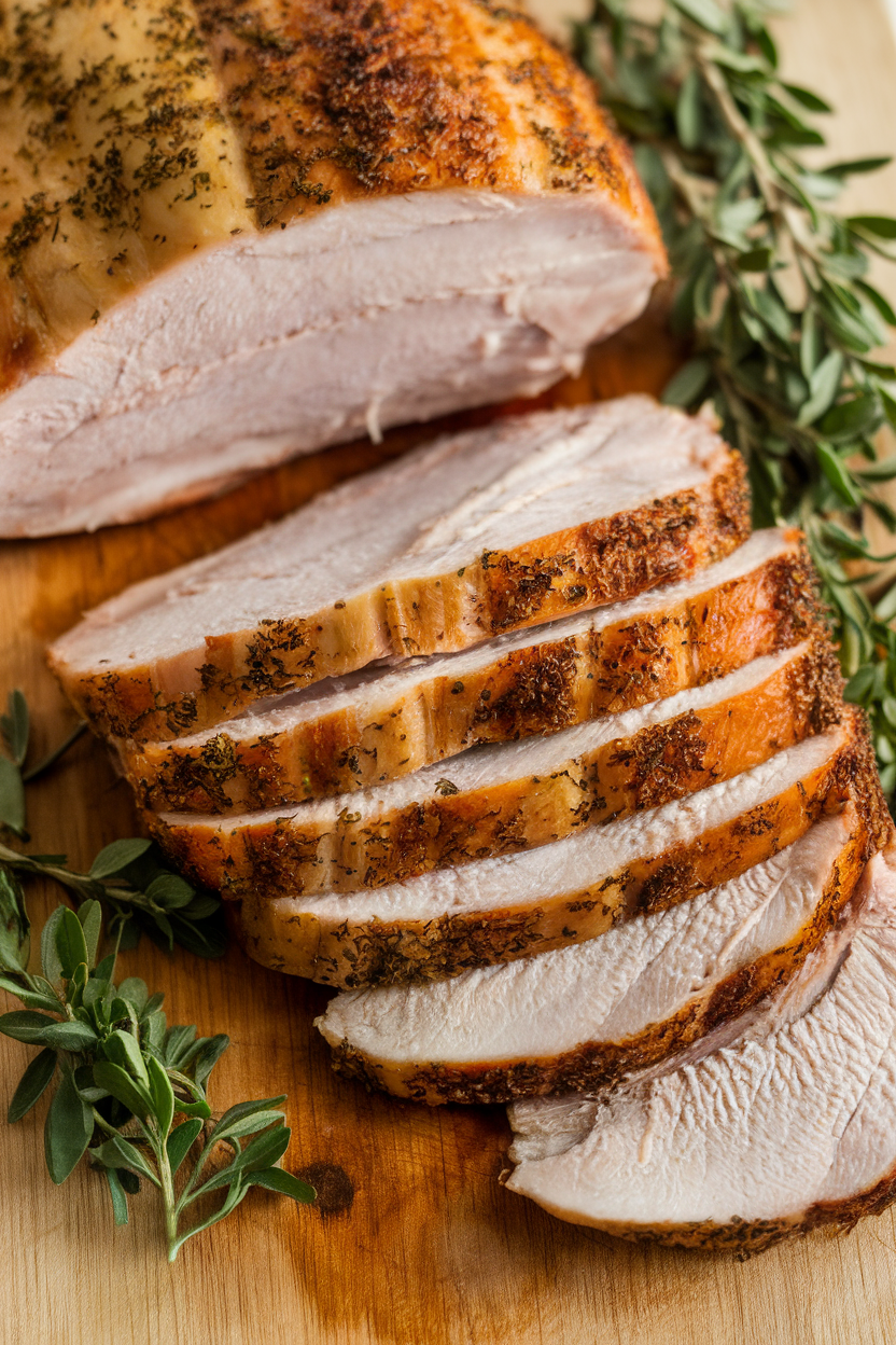 Indoor carving board with sliced roasted turkey breast, fresh herbs scattered around, shot close-up. No text or logos.