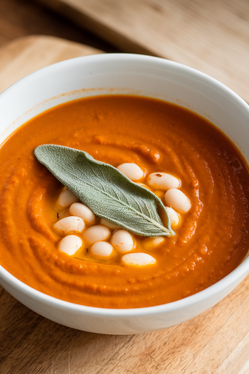 Indoor bowl of velvety orange soup with white beans visible, sage leaf garnish, no text or logos.