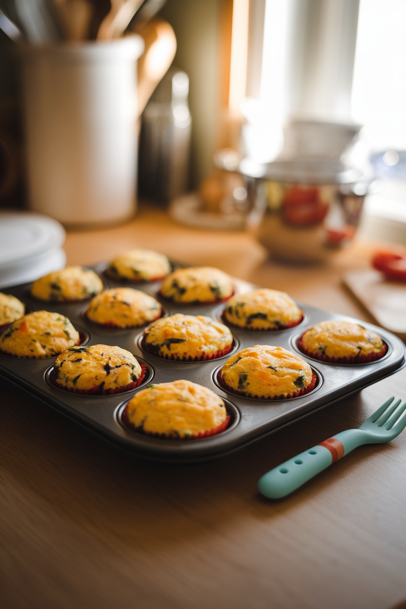 A warmly lit indoor kitchen counter showing a muffin tin filled with bite-sized vegetable egg muffins, lightly golden with flecks of spinach and bell pepper. A small toddler fork rests beside the tin. Photo, no text or logos.