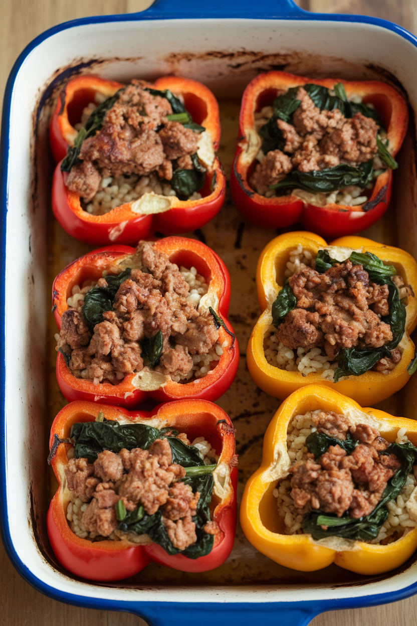 Indoor photo of halved bell peppers stuffed with ground turkey, wilted spinach, and brown rice, baked in a ceramic dish, no text or logos.
