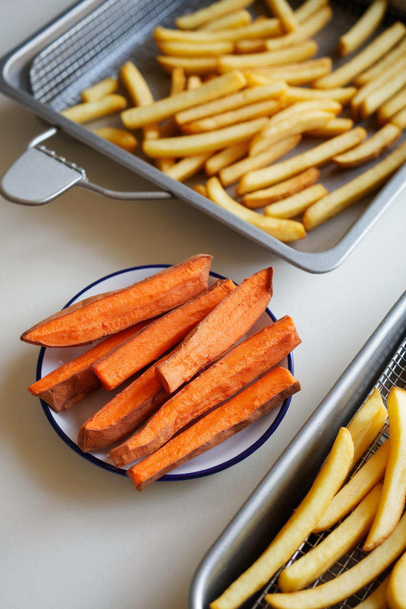 A small indoor plate holding baked sweet potato fries next to a tray of deep-fried French fries for comparison. No text or logos. Photo, not illustration.