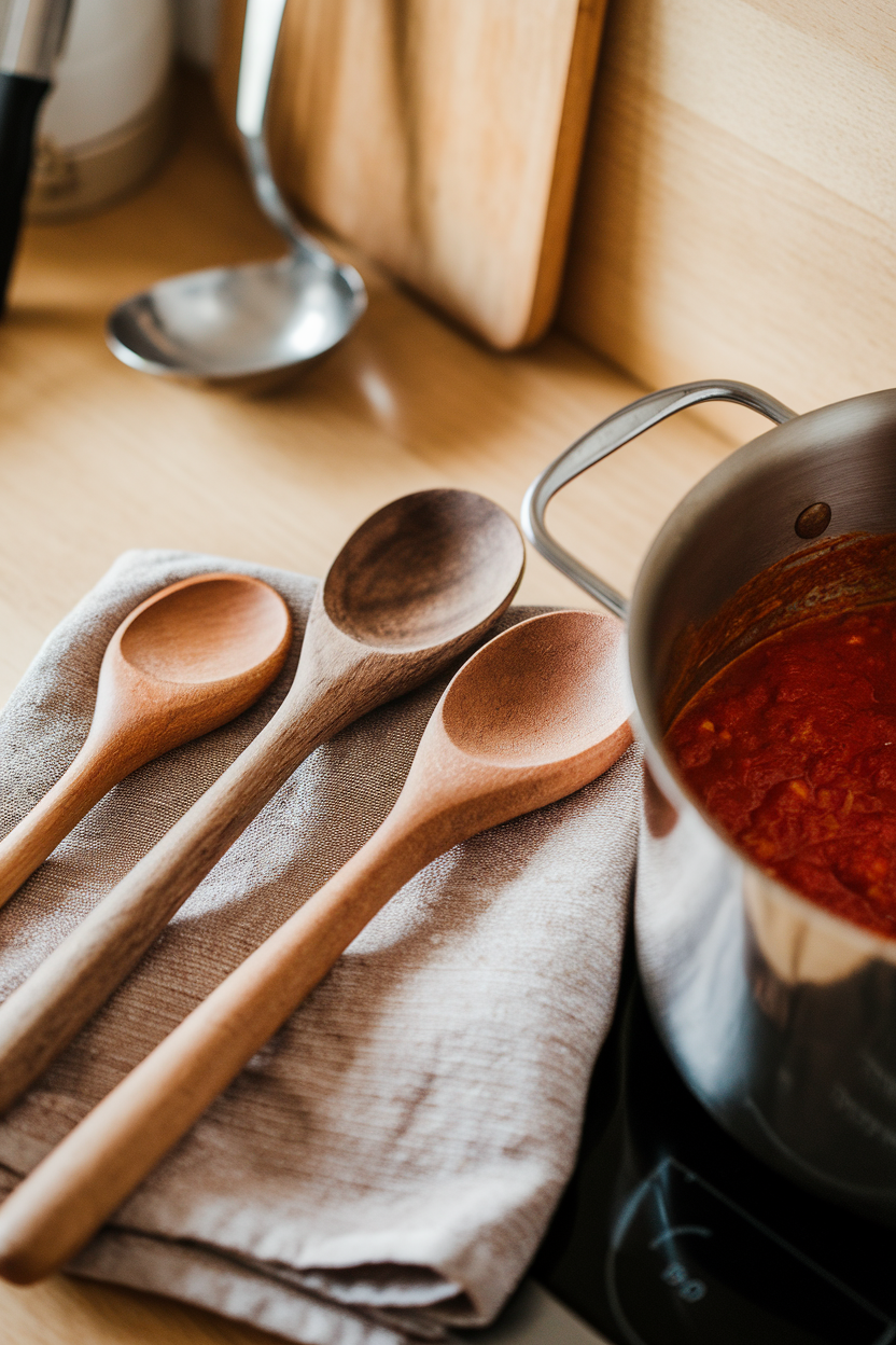 Indoor photo of a trio of wooden spoons resting on a linen towel beside a pot of tomato sauce, no logos.
