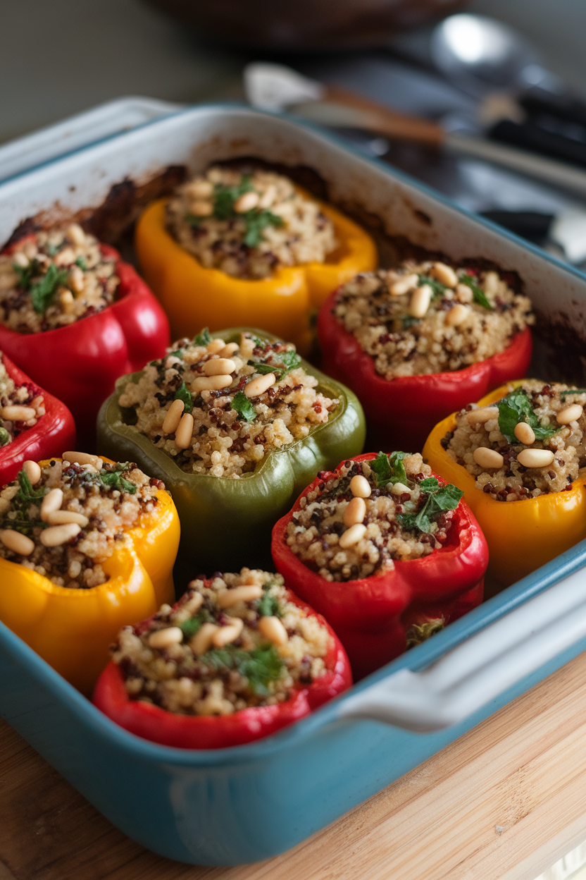 An indoor baking dish of colorful bell peppers filled with quinoa, pine nuts, and herbs, lightly browned on top; no text or logos.