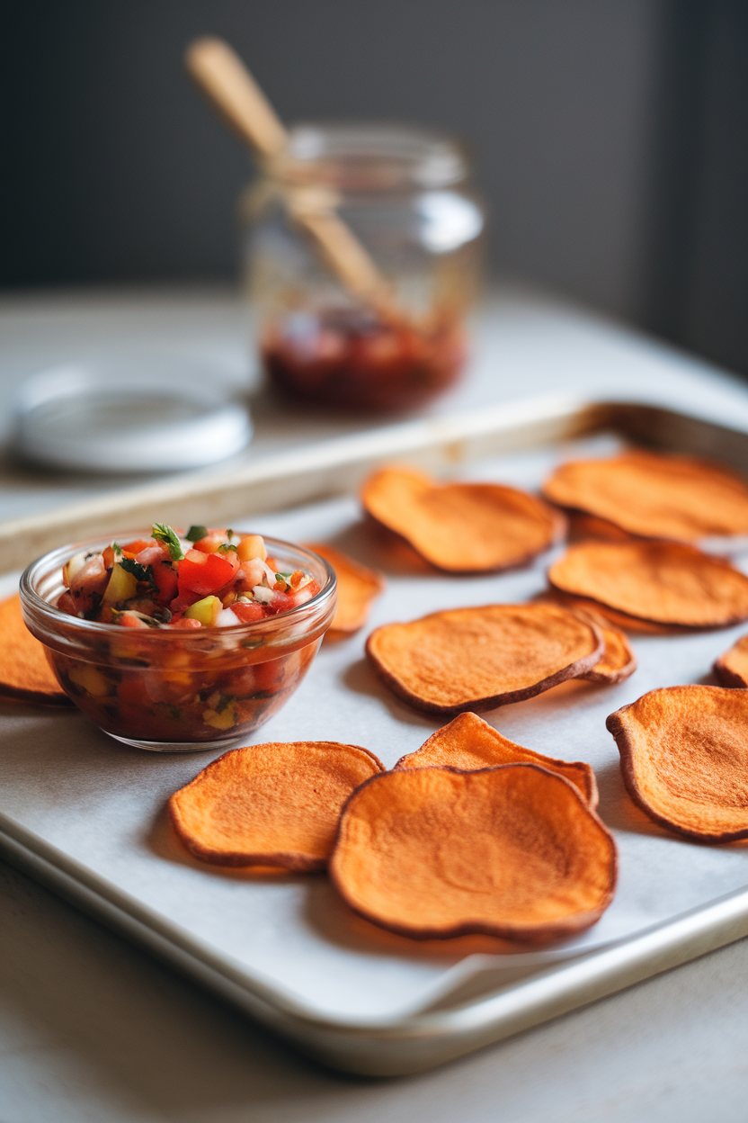 An indoor baking sheet lined with thin, crispy baked sweet potato chips, a small bowl of salsa nearby; soft lighting, no text or logos, photo not illustration.