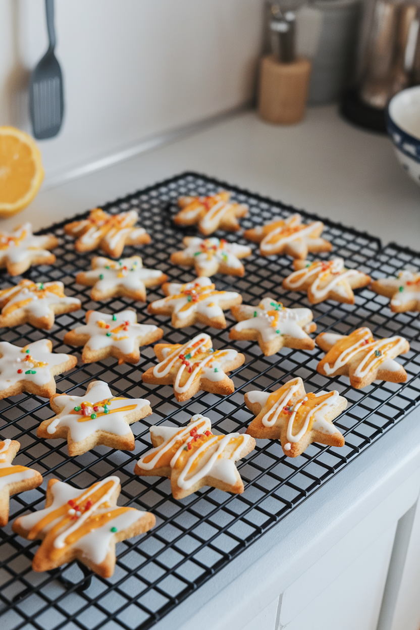 Photo of an indoor cooling rack holding star-shaped shortbread cookies drizzled with lemon-orange glaze, festive sprinkles optional. No text or logos in scene.