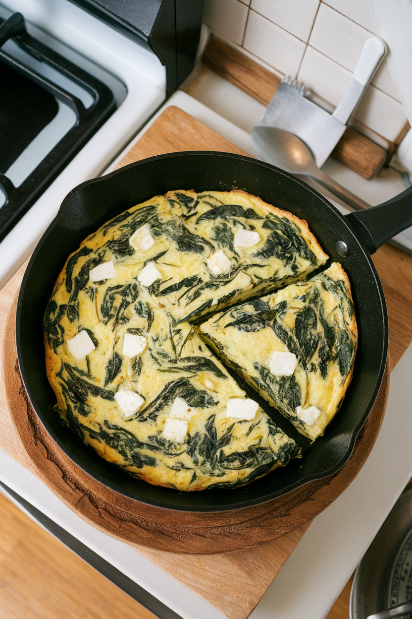 An indoor skillet on a wooden trivet displaying a slice-out spinach and feta frittata, bright green leaves and white cheese flecks visible, overhead angle, no text or logos.