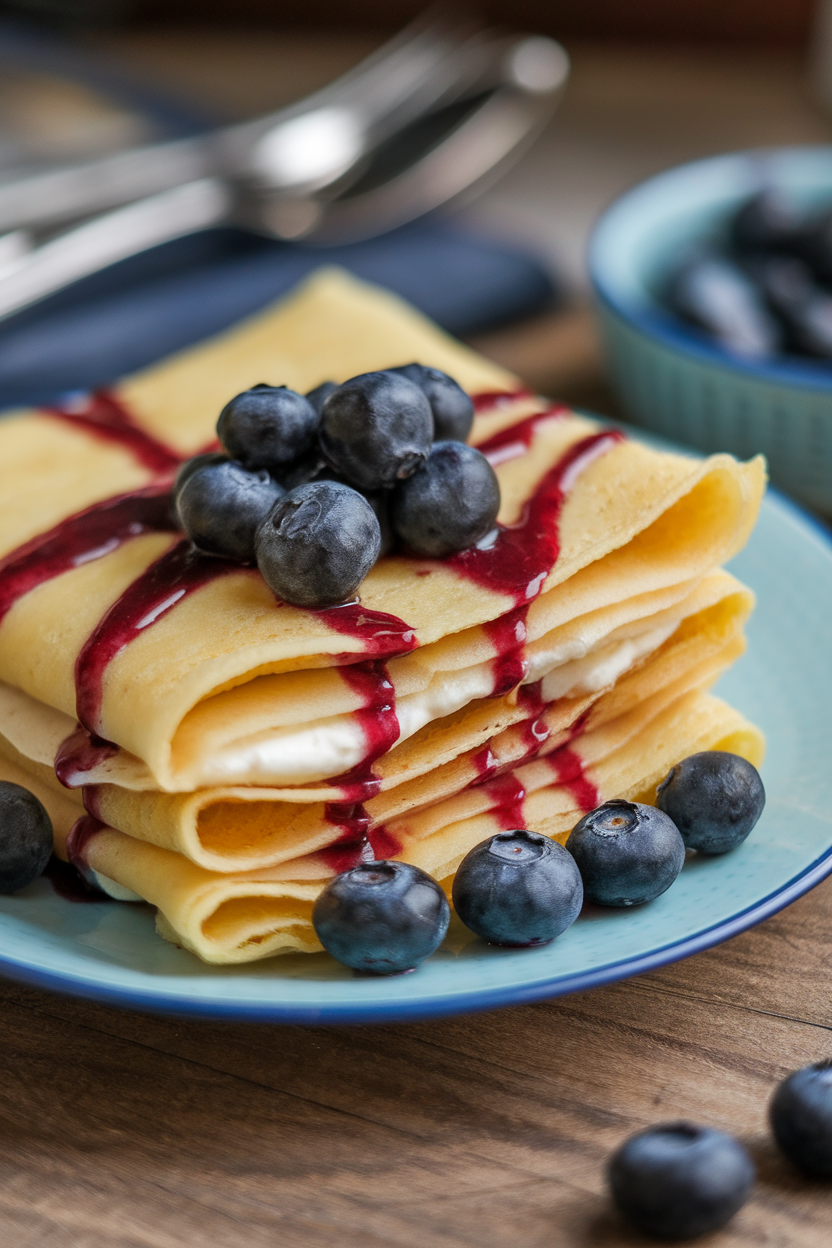 An indoor plate with thin crêpes folded around lemon-ricotta filling, topped with blueberry compote. No text or logos. Photo, not illustration.