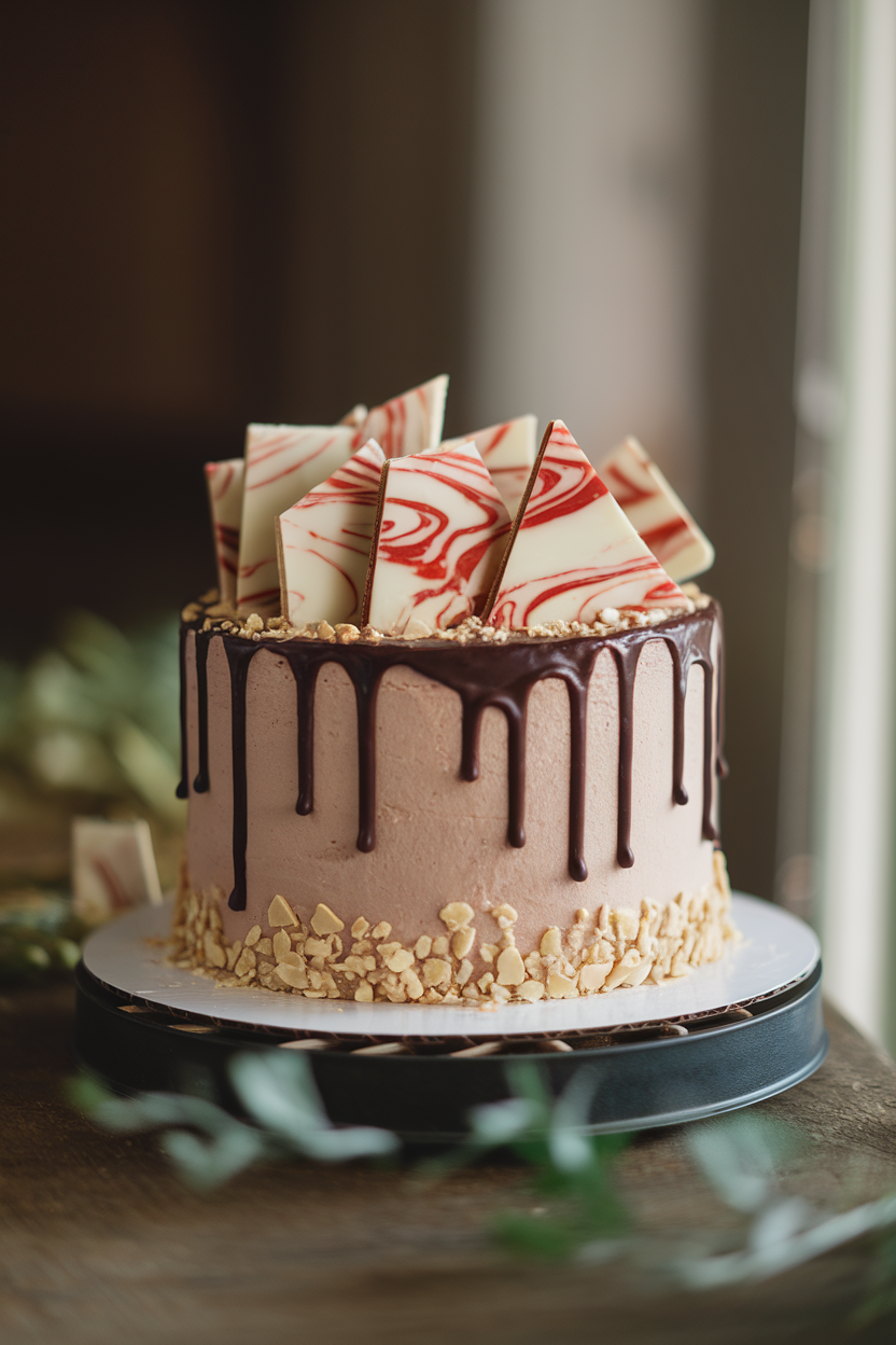 Chocolate layer cake on an indoor cake turntable, dark ganache drips down white chocolate buttercream, topped with shards of swirled peppermint bark. Soft window light; no text or logos.