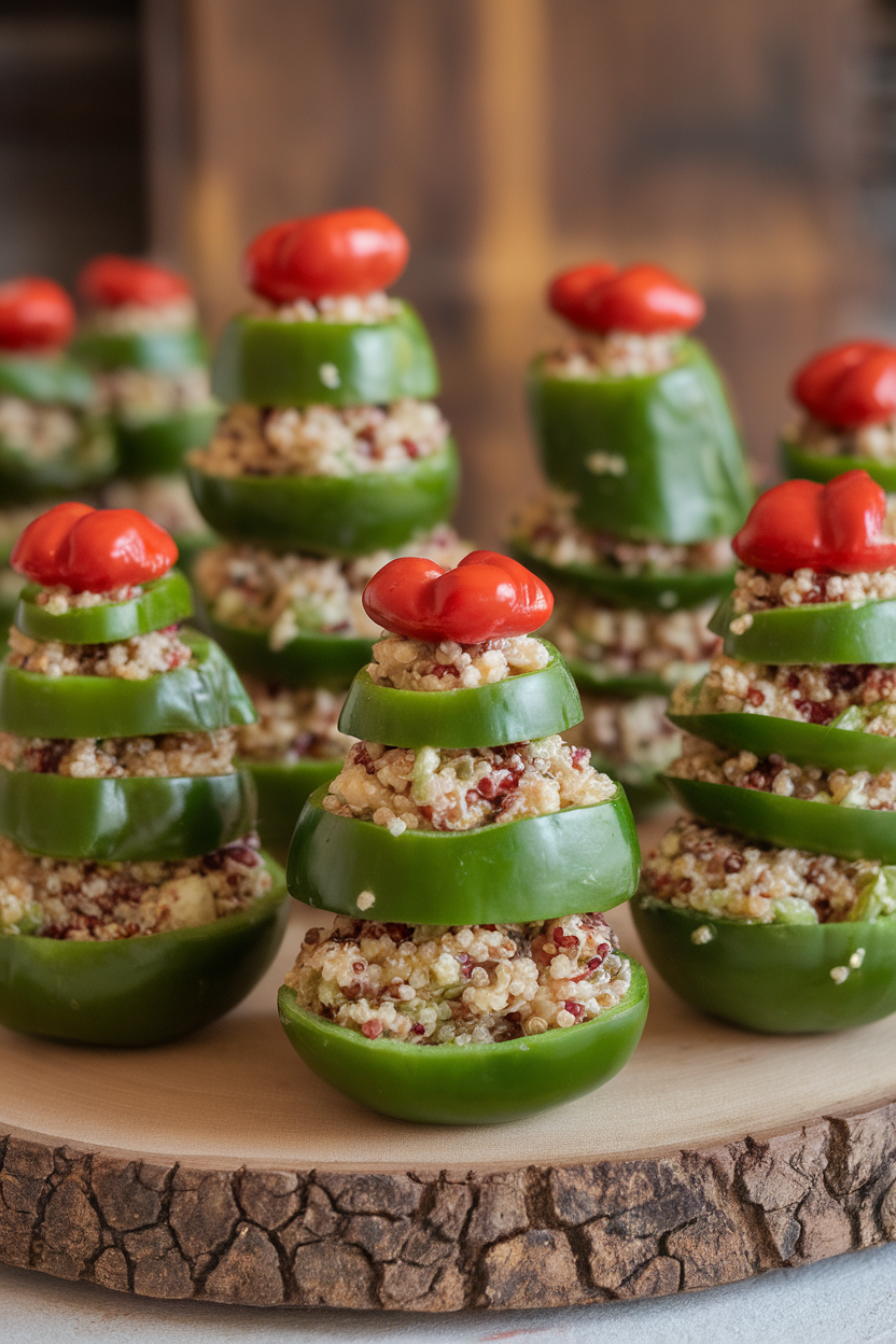 Photo of an indoor platter featuring vertically sliced mini green bell peppers stuffed with quinoa salad, arranged to resemble small trees with red pepper “ornaments.” No text or logos present.