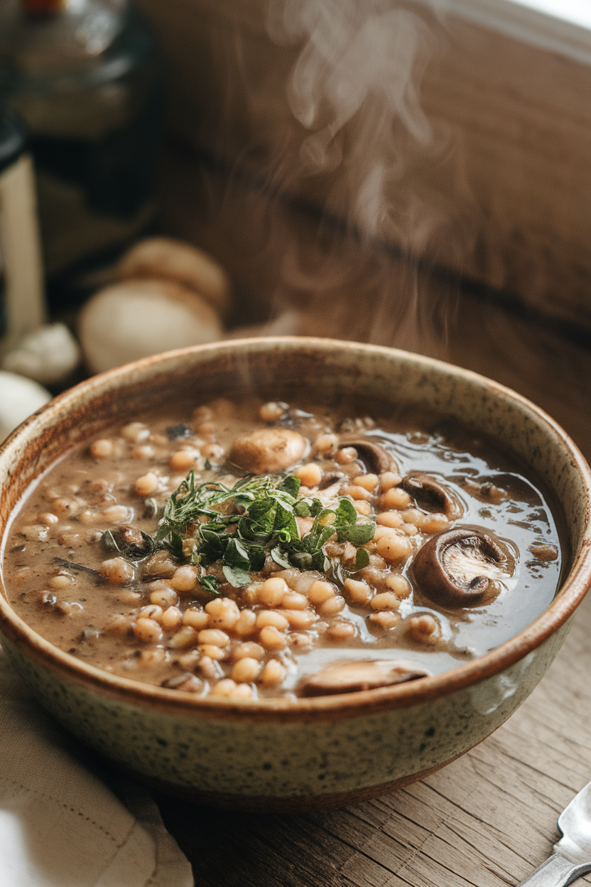 Indoor photo of earthy mushroom barley soup in a rustic bowl, steam rising; no text or logos