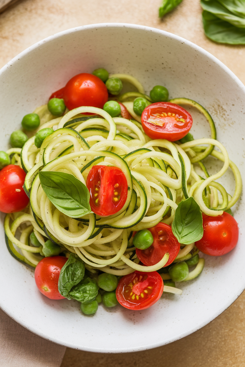 Indoor photo of spiralized zucchini noodles tossed with cherry tomatoes, peas, and basil in a white bowl; no text or logos.