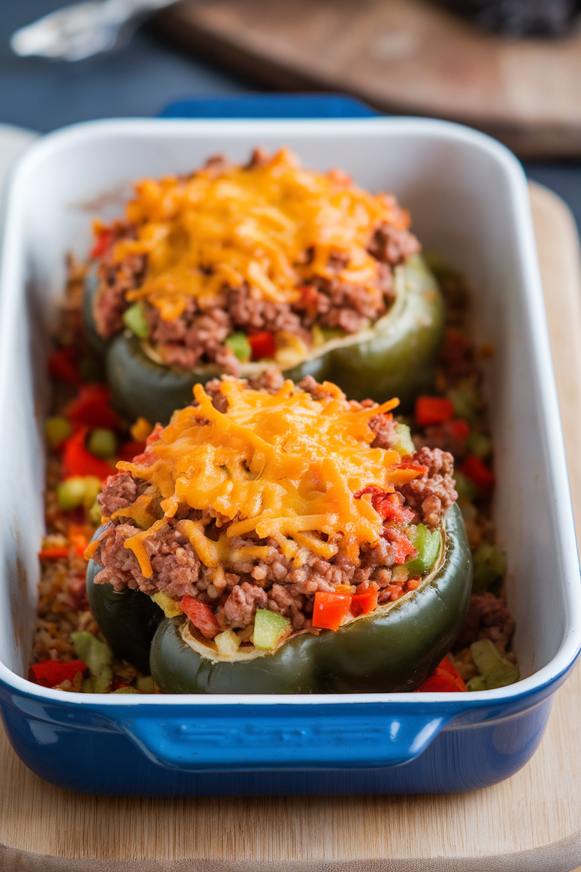 An indoor baking dish holding a bell pepper stuffed with lean ground beef, rice, and diced veggies, cheese browned on top. No text or logos.
