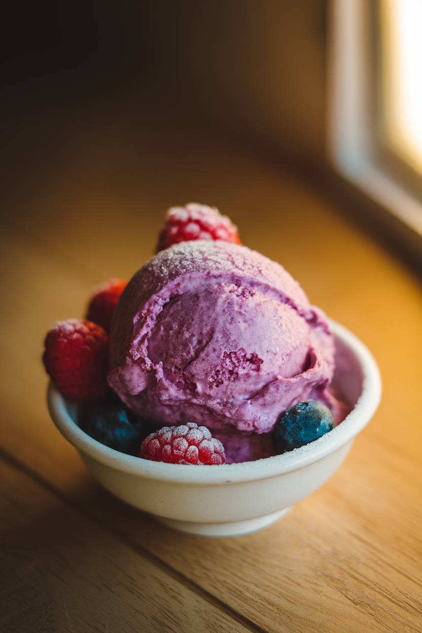 Photo of a scoop of berry nice cream in a small bowl, slight frost visible, indoor evening light. No text or logos. Photo, not illustration.