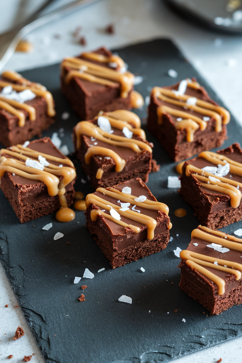Indoor photo of bite-size chocolate brownies drizzled with caramel and a pinch of flaky sea salt, arranged on a slate board. No text or logos.