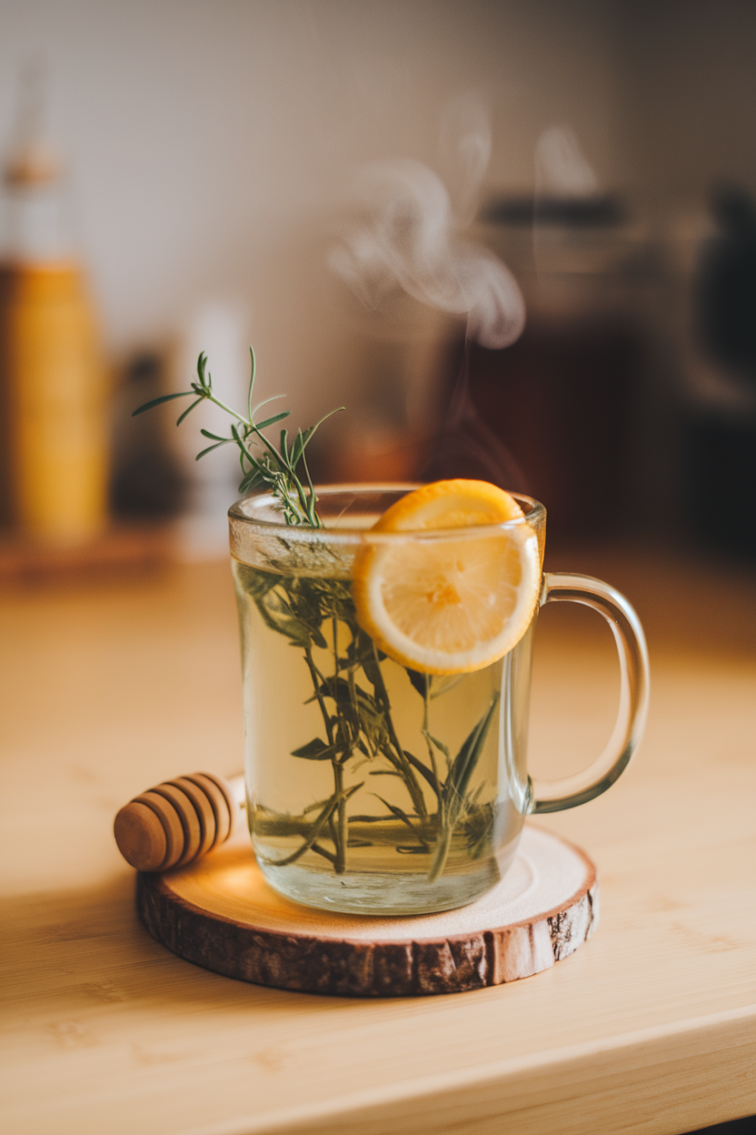 Photo of a steaming mug of herbal tea with lemon wheel and honey dipper on a coaster indoors. No text or logos.