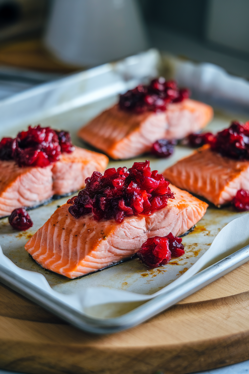 Photo of cooked salmon fillets on a parchment-lined sheet pan, topped with bright cranberry relish, taken indoors under soft lighting. No raw fish visible, no text or logos.