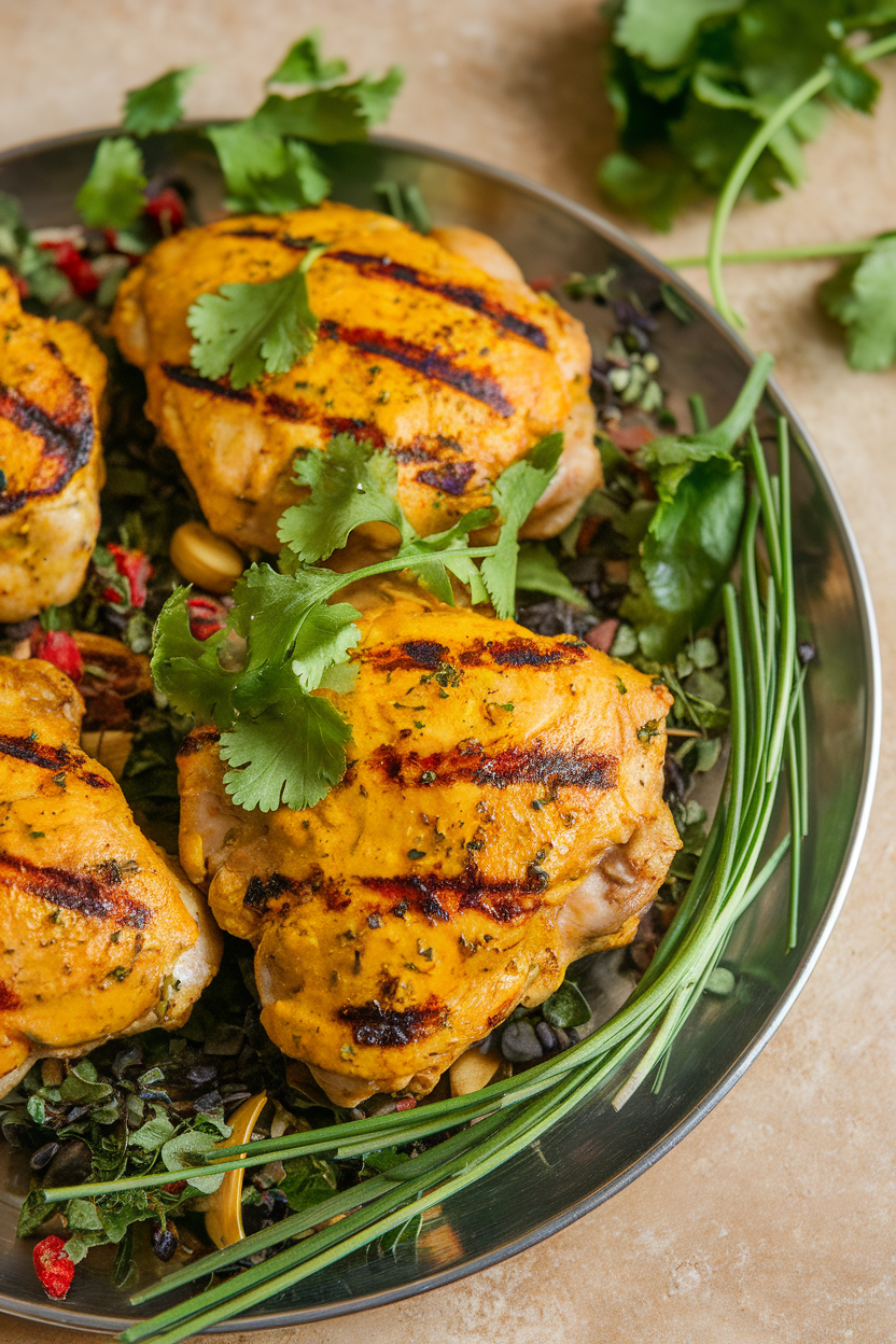 A platter indoors with grilled chicken thighs tinted golden from turmeric yogurt marinade, cilantro sprigs on top. No logos or text. Photo only.