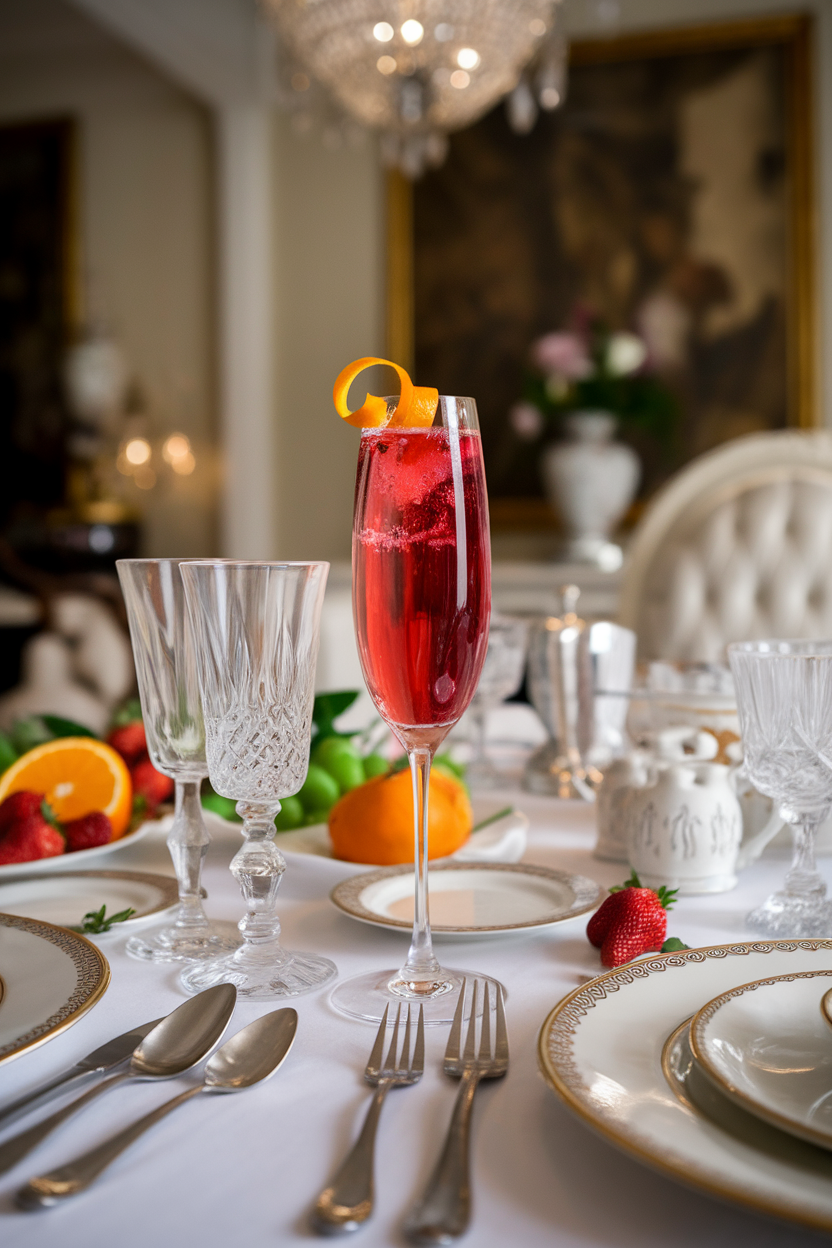 An elegant indoor dining table featuring a tall flute of sparkling wine tinted pink by cranberry juice, with a twist of orange peel floating on top. No text or logos; photograph, not illustration.